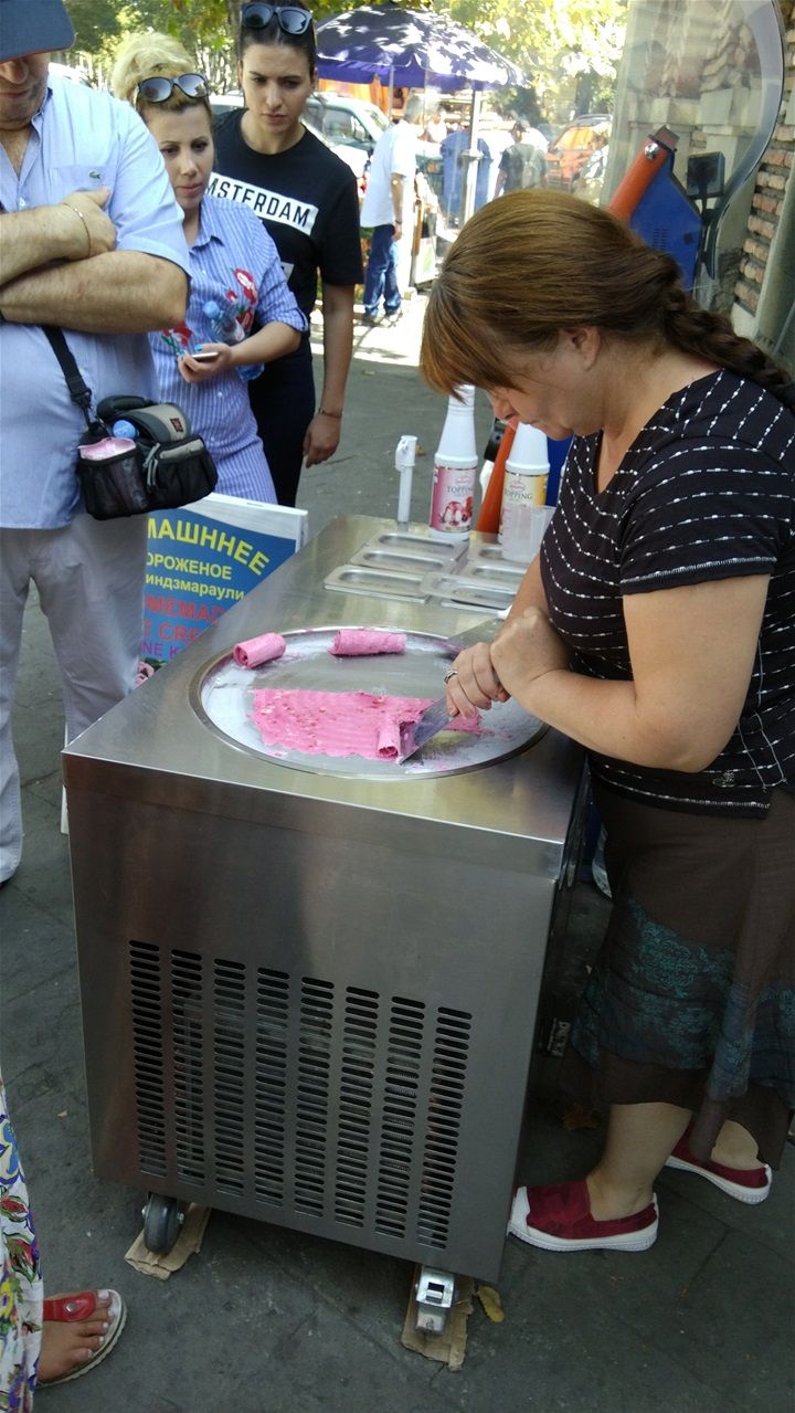 It is very common to see vendors in the streets of Tbilisi making ice cream rolls in front of your eyes