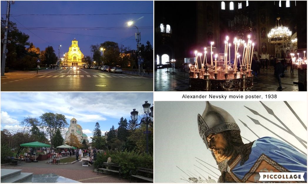 “St. Alexander Nevsky” Cathedral.  Poster for the 1938 Alexander Nevsky movie (bottom right).