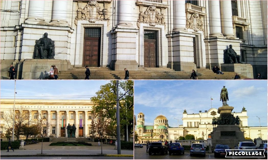 Sofia University “St. Kliment Ohridski” (top),  National Library “Cyril and Methodius” (bottom left), Narodno Square and “Tsar Osvoboditel” statue (bottom right).