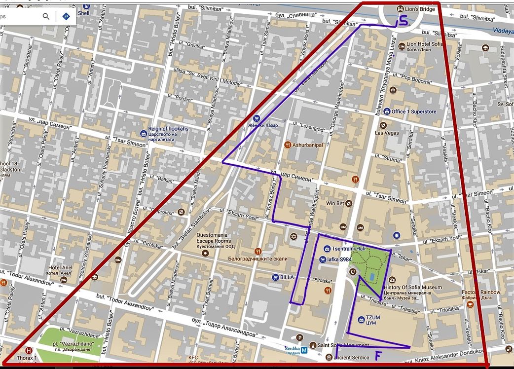 Map of the North part of central Sofia (red line boundaries) and proposed walk (blue line). The 