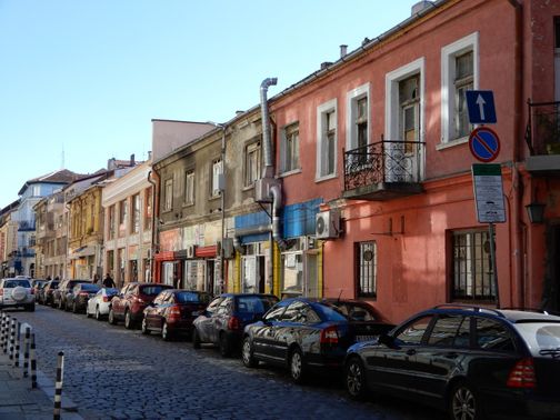 Typical cobbled street and colored houses.