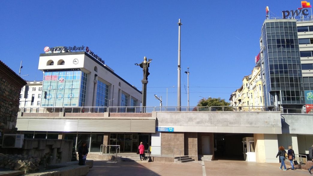 The entrance to the Serdika Metro Station and the statue of Saint Sophia.