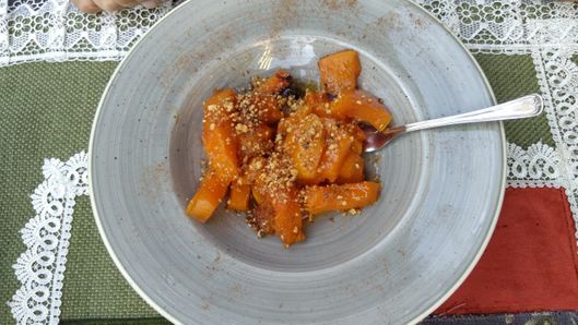 Roasted pumpkin covered in honey and cinnamon.