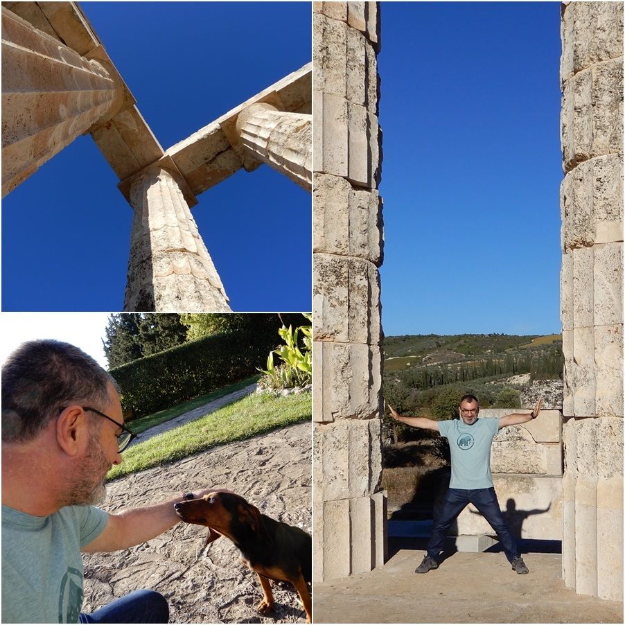 The temple of Zeus and the mascot of the archeological site.