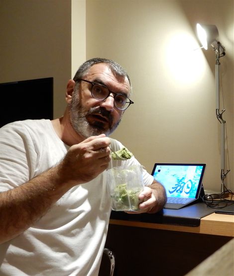 Me eating matcha cake with a spoon!