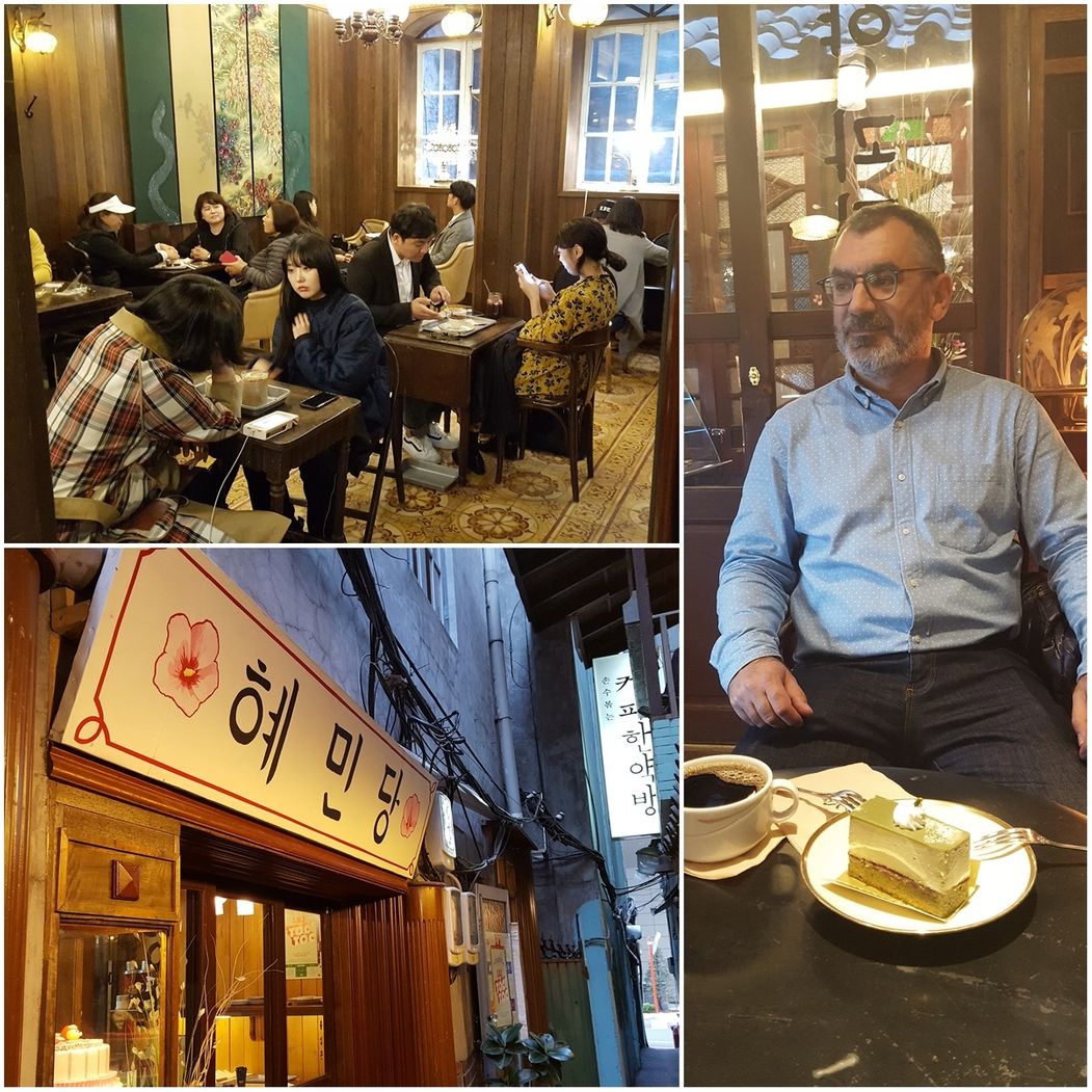 The Hyemindang pastry shop.  The entrance (down left), me having cake and coffee at the downstairs room (right), and the 1st floor room (top left).