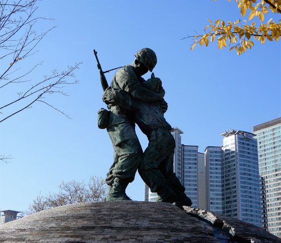 The Statue of Brothers.  An urban myth says that this statue depicts a real-life story of two brothers who fought in the Korean War on opposite sides and were accidentaly reunited on the battlefield, and symbolises the Koreans' wish for national peace, reconciliation and reunification.  South Korean propagada depicts the north brother weaker!