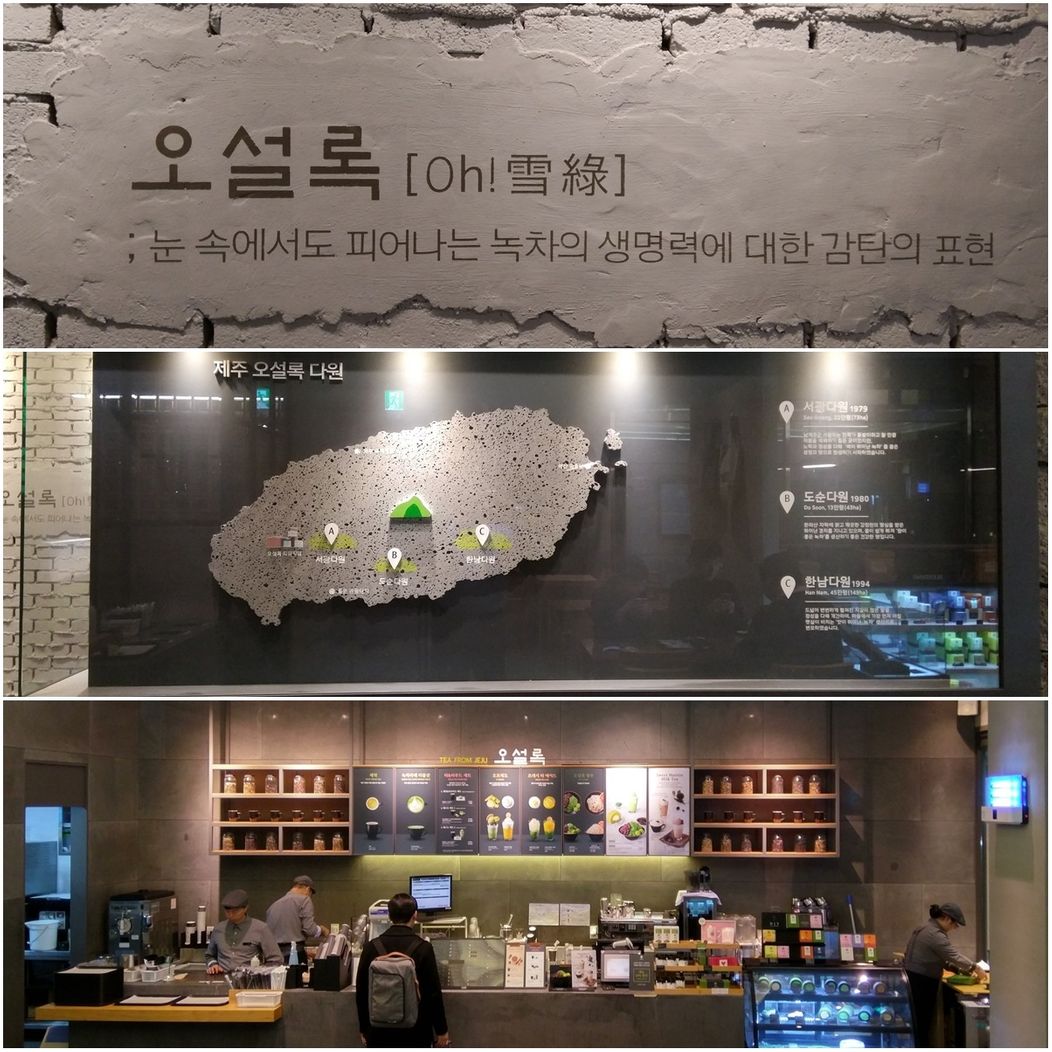 The three Osulloc tea plantations on Jeju Island (middle).