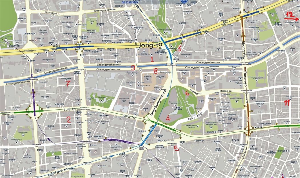 A map of Dongdaemun district and the sites (by red number) I describe bellow.