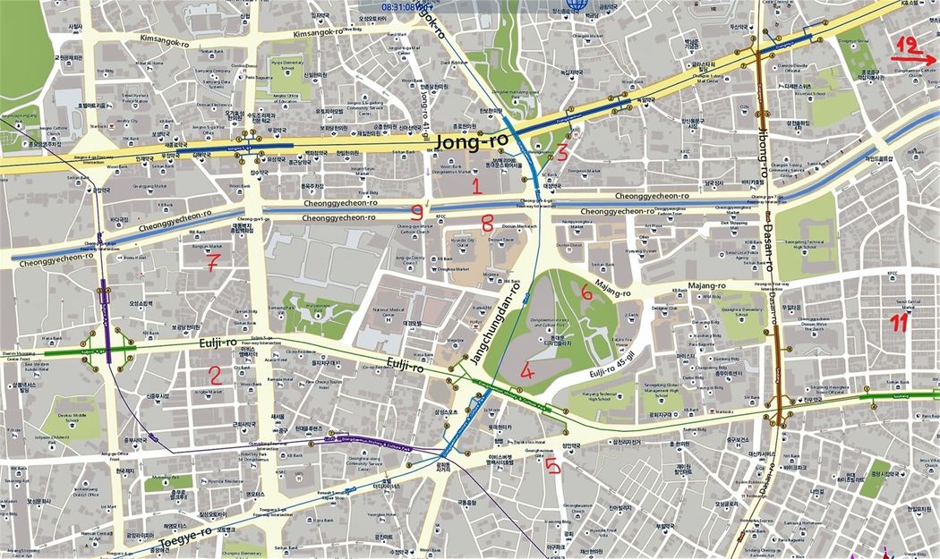 A map of Dongdaemun district and the sites (by red number) I describe bellow.