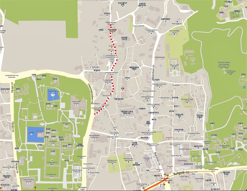 Bukchon Hanok Village & Samcheong-dong and Samcheong-ro Street (red dots).