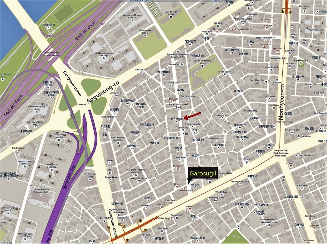 Garasul-gil Road and Deux Cremes tart shop (red arrow).