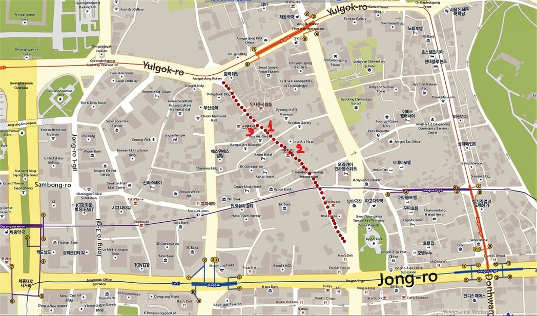 INSADONG-gil street map (red dots).  1)Ssamzigil multi-cultural space.  2)Insadog 8-gil Tea Rooms.  3) Osulloc Tea House.