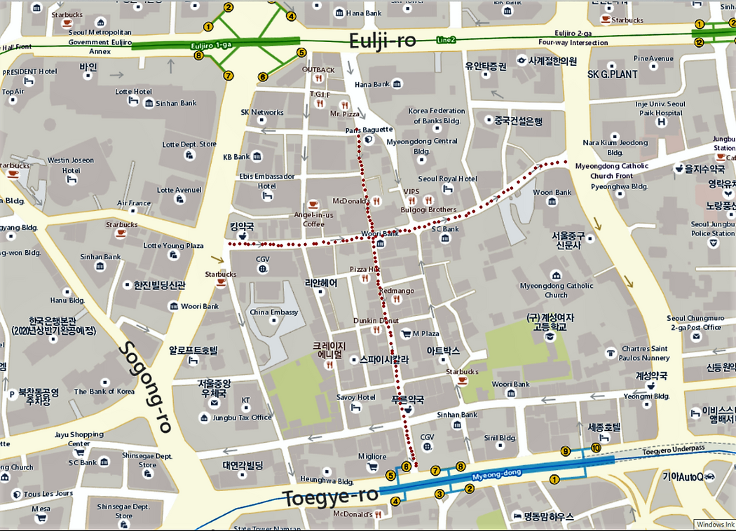 Myeongdong area.  Myeongdong-gil and Myeongdong 2-gil are marked with red dots.