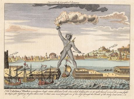 A gravure of the harbor-straddling Colossus.