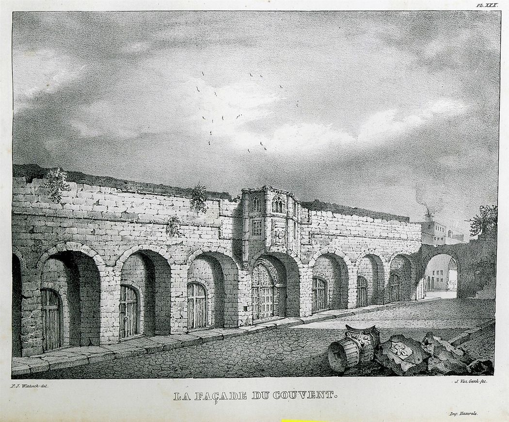 Facade of the Hospital of St.John.    (ROTTIERS, Bernard Eugène Antoine. Description des Monumens de Rhodes, dediée à sa majesté le Roi des Pays-Bas, Mme V. A. Colinez, Brussels, 1830 - Monumens de Rhodes, Mme V. A. Colinez, Brussels, 1828).