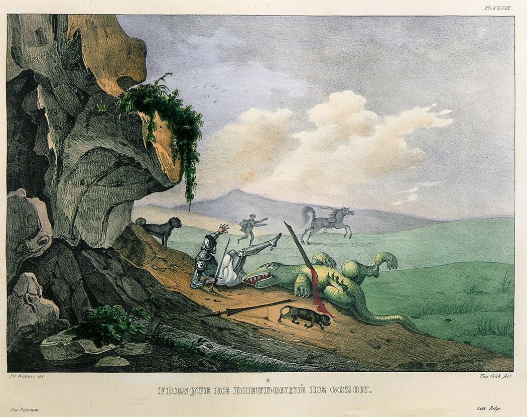 Painting of young knight Dieudonné de Gozon killing the crocodile.   (ROTTIERS, Bernard Eugène Antoine. Description des Monumens de Rhodes, dediée à sa majesté le Roi des Pays-Bas, Mme V. A. Colinez, Brussels, 1830 - Monumens de Rhodes, Mme V. A. Colinez, Brussels, 1828).