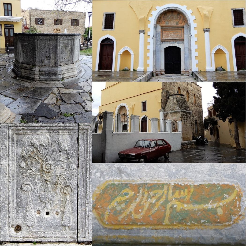 Arionos Square (top left) and detail of its fountain (bottom left).  The entrance to the  “Sultan Mustafa Mosque” (top right), the lane behind the mosque that leads to the theater of Folk Dances (middle right) and detail of the mosque facade (bottom right).