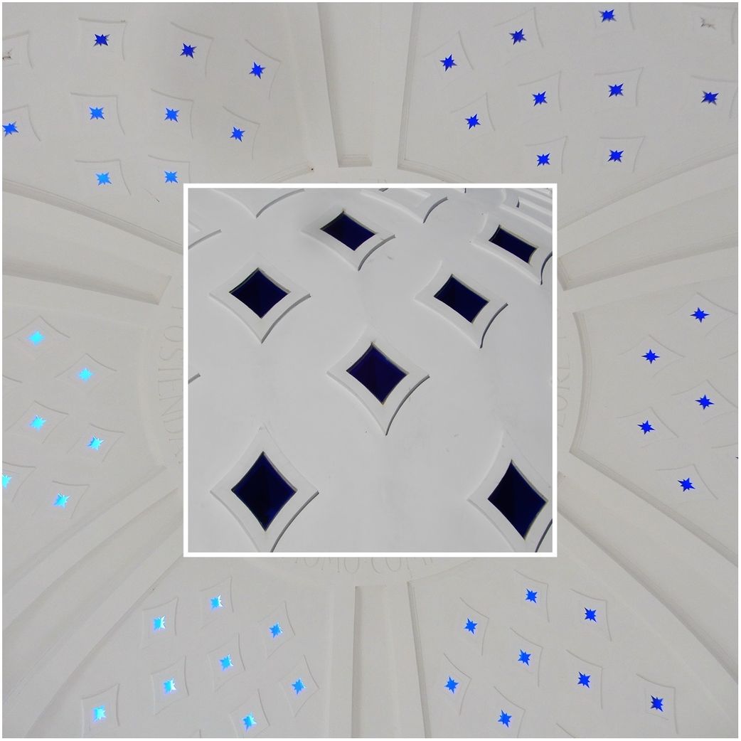 The dome of the small Rotunda.  The exterior (inset) and the stars made of blue glass seen from the inside.