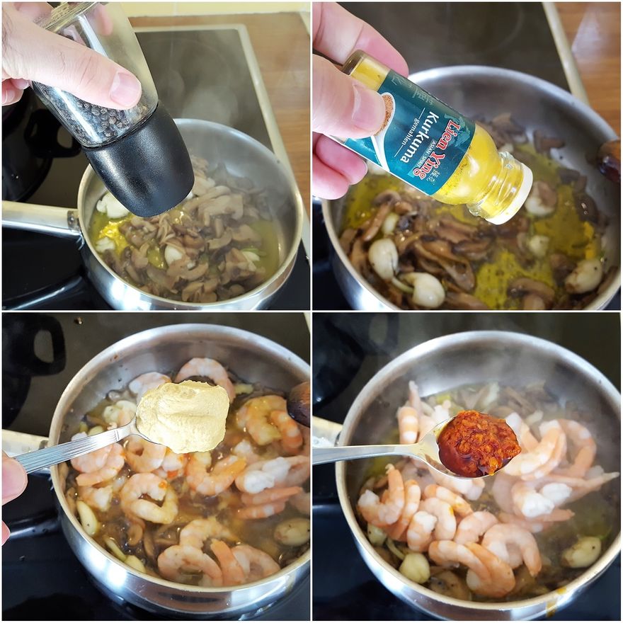 Preparasion 4: Pour in the rest of the ingredients - black pepper, curcuma, mustard, chilly peppers paste and maple syrup.