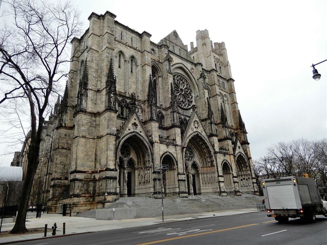 The facade of the Cathedral Church of Saint John the Devine, on Amsterdam Avenue.