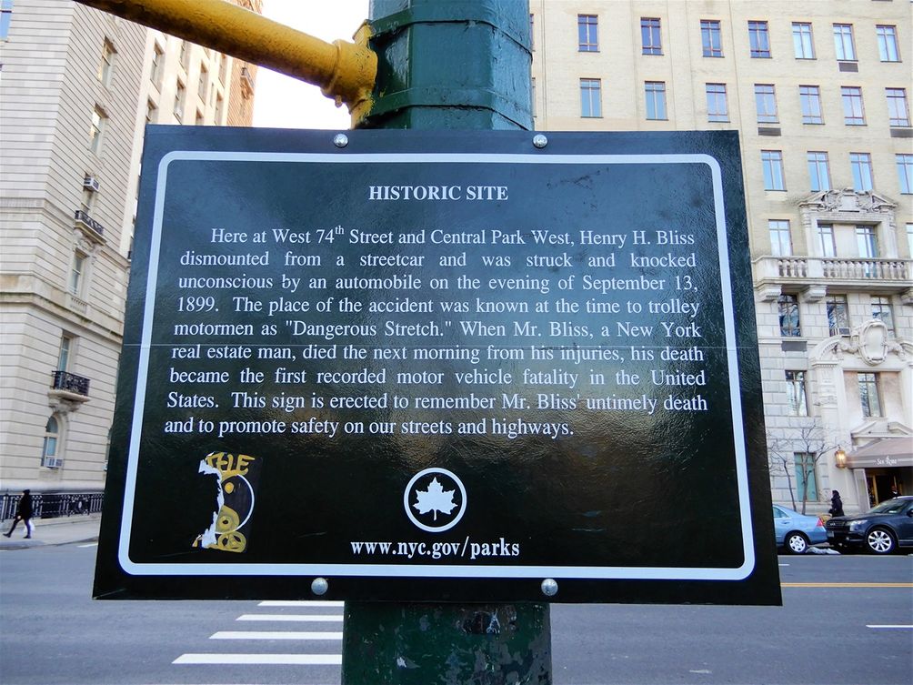 The sign displayed at the intersection of 74th street and Central Park West (between San Remo and the Langham) commemorates the first ever recorded car accident.