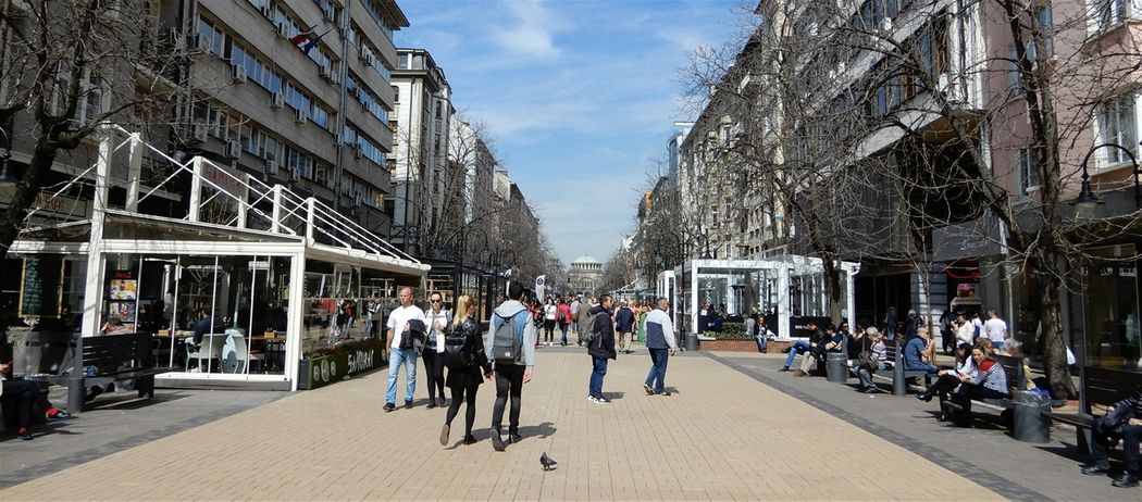 Vitosha Boulevard.  At the northern end of the street stands the church of Sveta Nedelya.