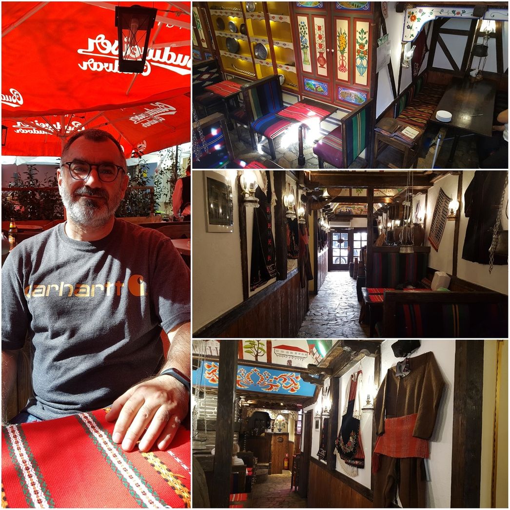 The Hadjidragana Tavern interior decorations and me waiting for my food at the backyard.