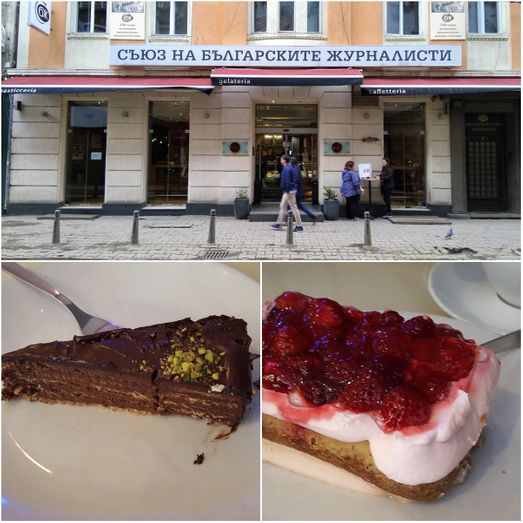 The Confetti entrance on Graf Ignatiev str (top).  Delicious cakes (bottom).