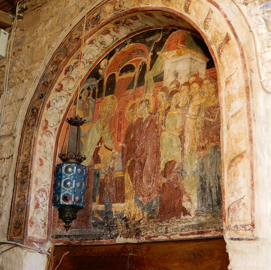 The lintel fresco of the church entrance.  Monastery of Saint Panteleimon.