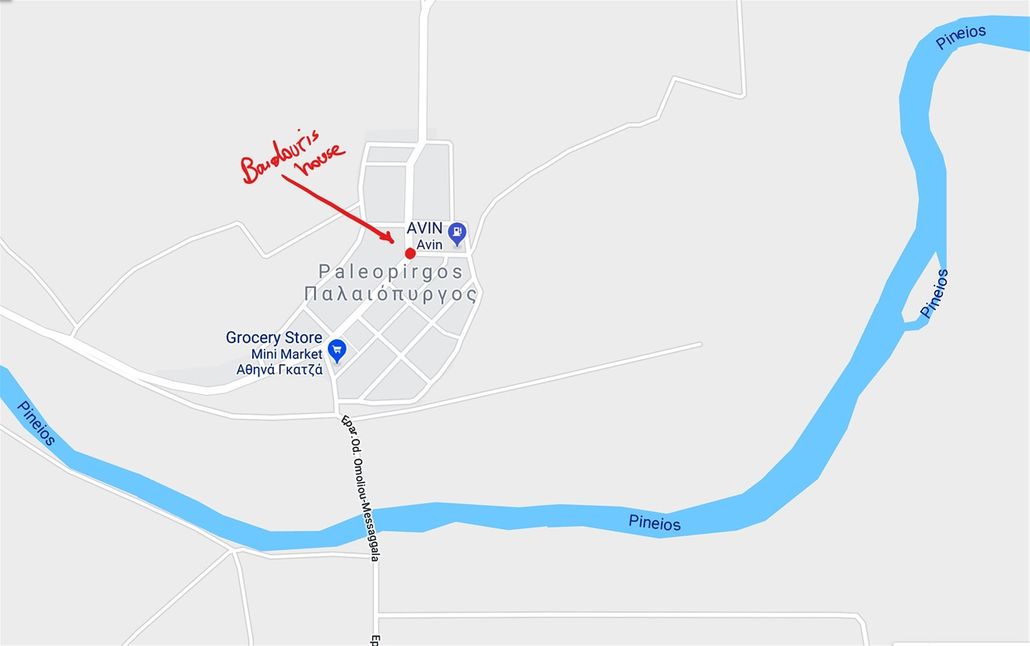 Paleopyrgos village and Sotiris Boudouris house on the map.