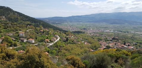 Metaxochori village, on the southern slopes of Kissavos (foreground) and Agia town (in the background).
