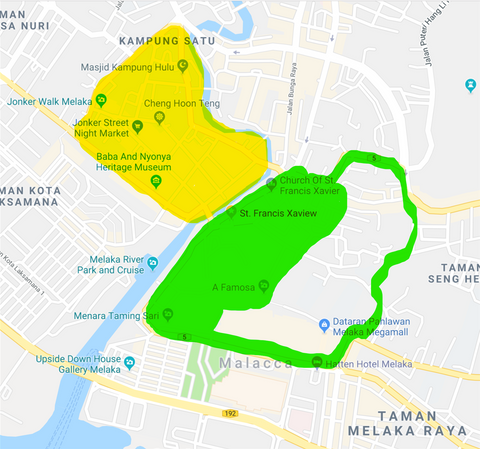 The Chinese quarter on the west (yellow color) and the European on the east (green color)
