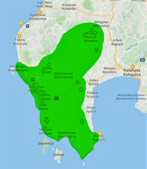 The area in green is what I consider the most beautiful part of Messenia, the part that has escaped 