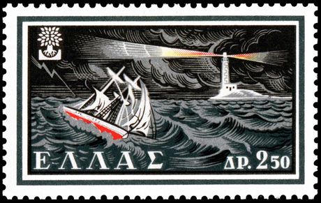 I love this 1960 Greek Postage stamp.  I like to think of it as an allegorical image of Greece as a sailing boat into a storm...a beacon of hope is there, but far away.
