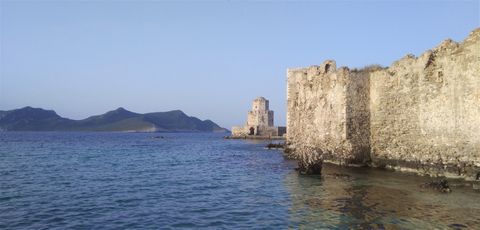 The castle of Methoni and Sapientza island seen from the town beach.