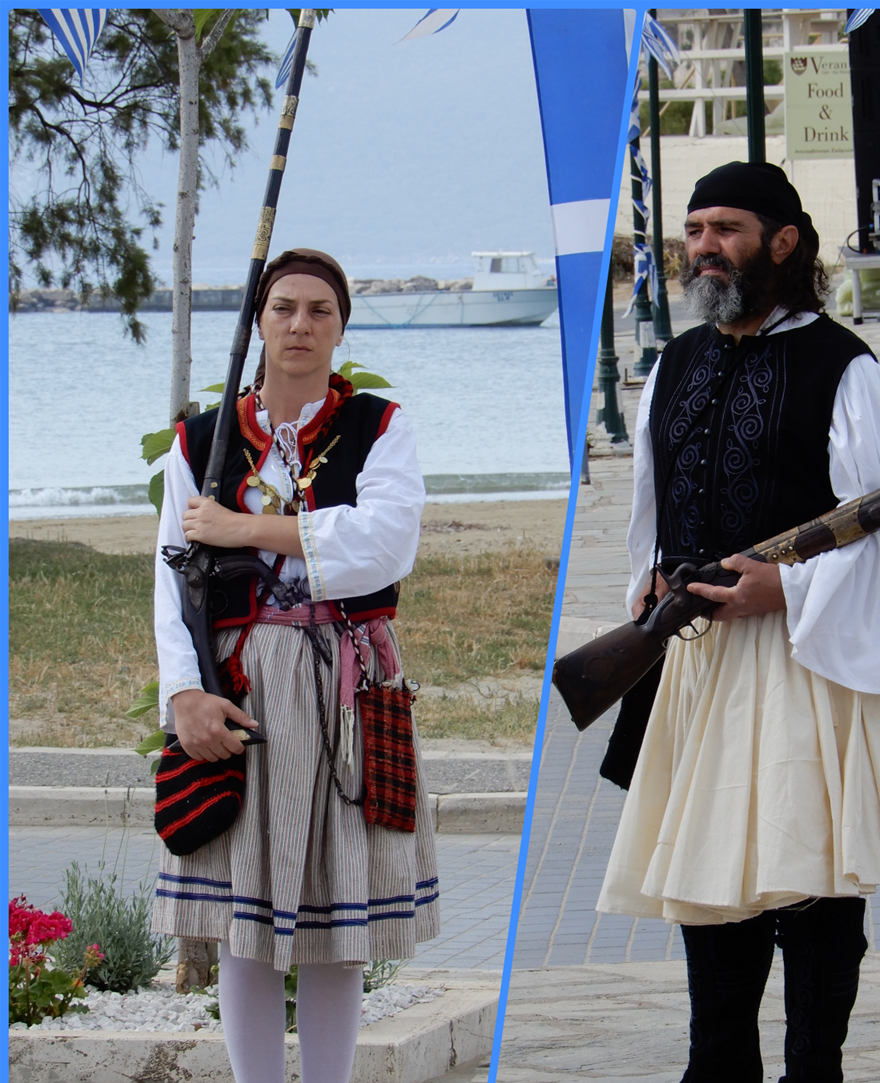 People wear national costumes during the celebrations on the 193rd anniversary of the Naval Battle of Methoni.