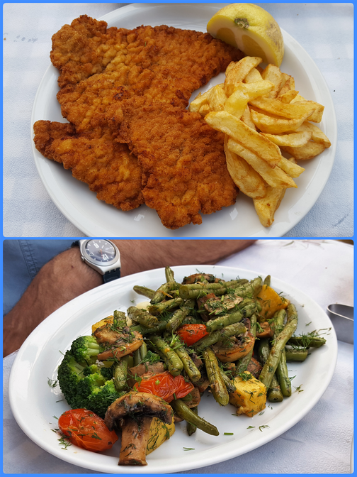 Alektor tavern.  Schnitzel and grilled vegetables.