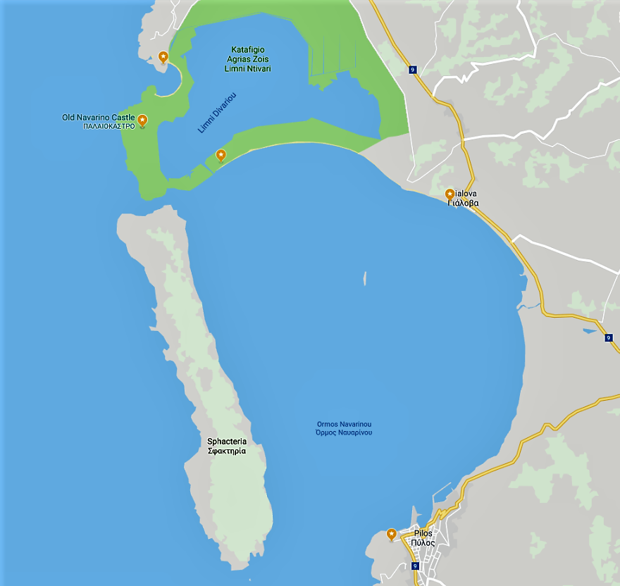 Navarino Bay (Όρμος Ναυαρίνου) is a closed bay, the north part of which is occupied by a shallow laggoon.  It's only opening (west) is blocked by Sfakteria island.
