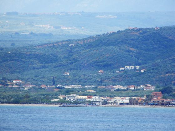 The town of Gialova and its famous beach, seen from inside Navarino Bay.