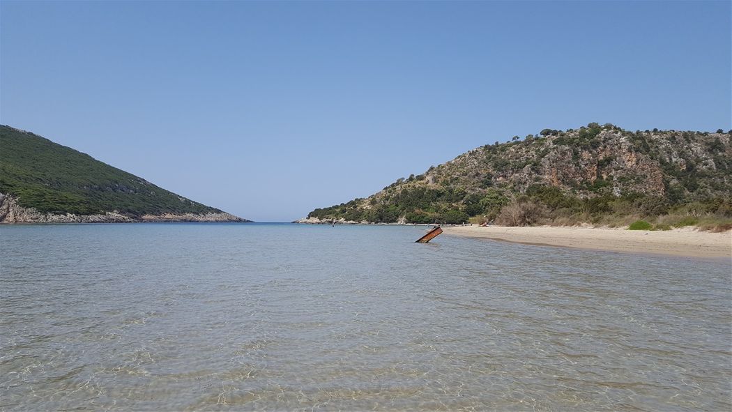 Fig pass connects Navarino Bay to Ionion Sea.  Sfaktiria island is seen on the left, Korifasio Hill and the Golden Beach on the right.