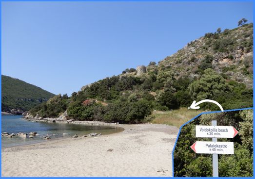 The end of Golden beach.  From here start thde trail uphill to Palaiokastro and the trail to Voidokilia beach.