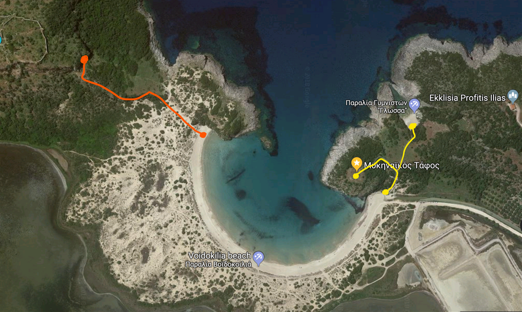 Voidokilia beach.  The red trail leads to Nestor's Cave and the yellow one to Mycenean tomb and the nudist Beach Glossa.