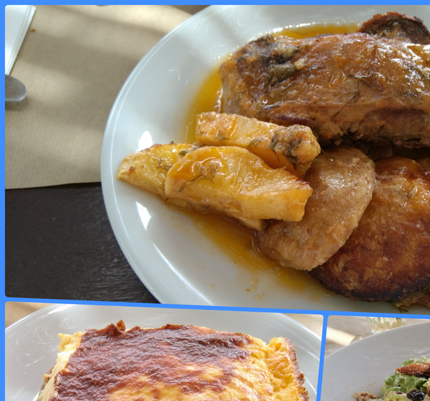 Roasted goat with artichocks (top), mussaka (bottom left) and green salad with figs and Kalamata pasteli (bottom right).