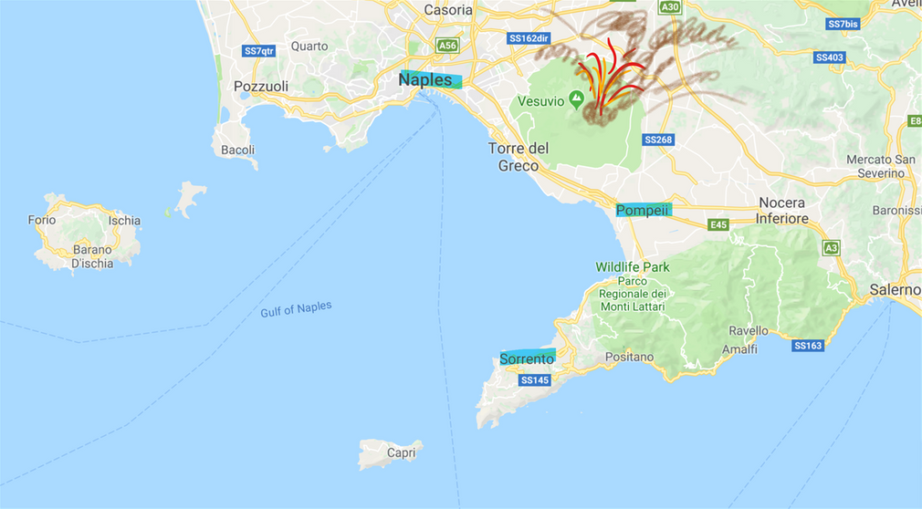 The Gulf of Naples.  Pompeii is located between Napoli and Sorrento, on the southern slopes of Vesuvius.