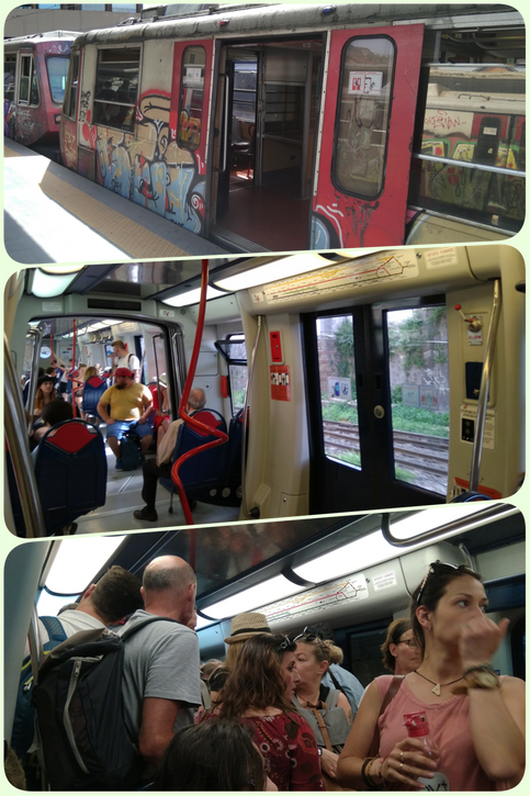 A train at Porta Nolana station (top) waiting.  The interior of the train after leaving Porta Nolana station (middle) and the interior of the train some minutes later at Garibaldi Station.