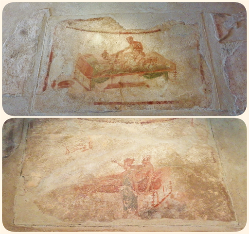 Lupanare frescos depicting the services offered at the brothel.
