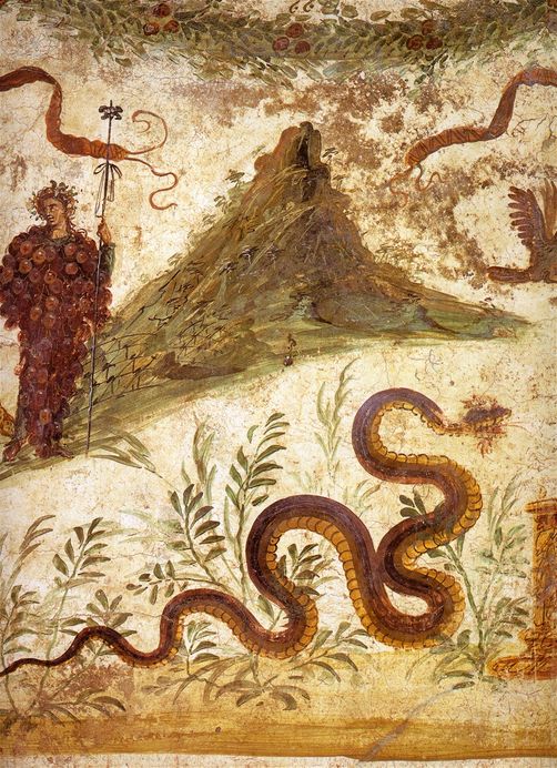 Fresco of Bacchus and Agathodaemon with Mount Vesuvius, as seen in Pompeii's House of the Centenary.