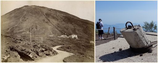 An old picture of the funicular going up to the summit and what is left of it today (right).
