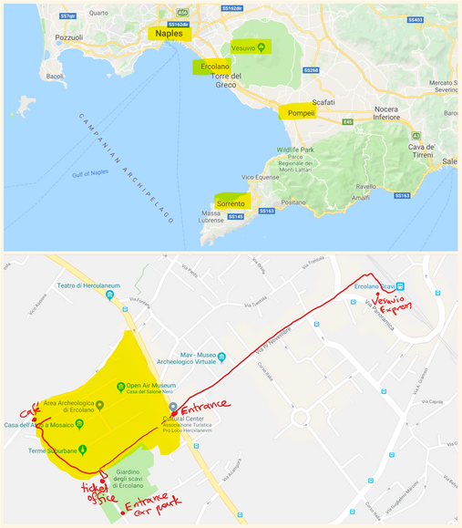 Ercolano lies between Napoli & Pompeii and can be reached by train (Ercolano Scavi station).